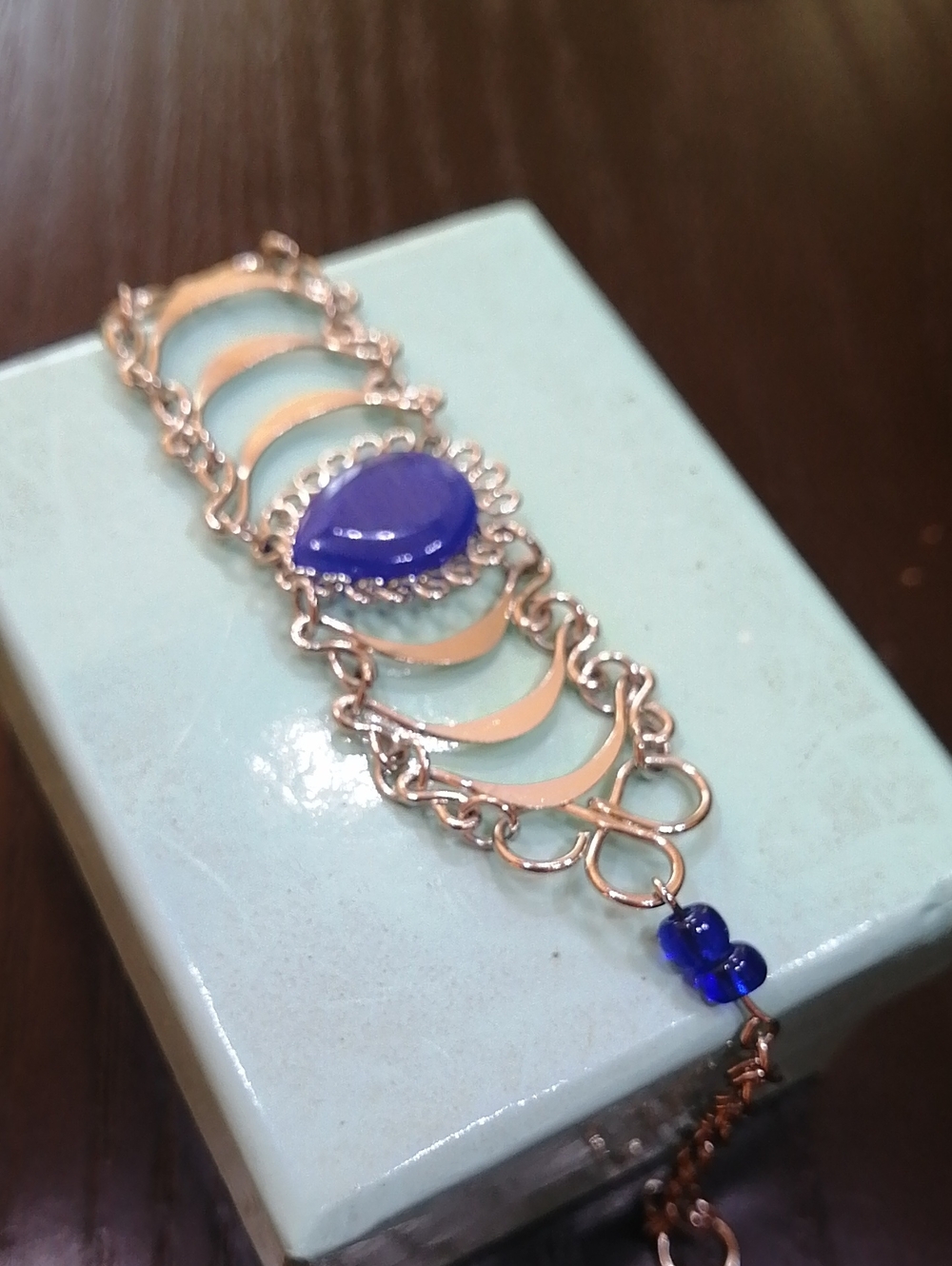 Delicate Silver Tone Filigree Bracelet with Blue Teardrop Cabochon Fits 7.5
